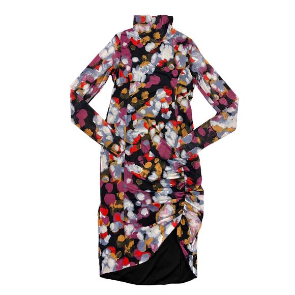 Open Edit Black Floral Painted Confetti Long Sleeve Ruched Mesh Dress - SIZE M - Picture 1 of 10